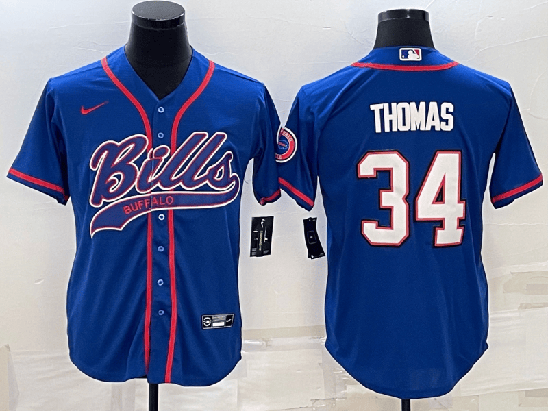 Men's Buffalo Bills #34 Thurman Thomas Blue With Patch Cool Base Stitched Baseball Jersey