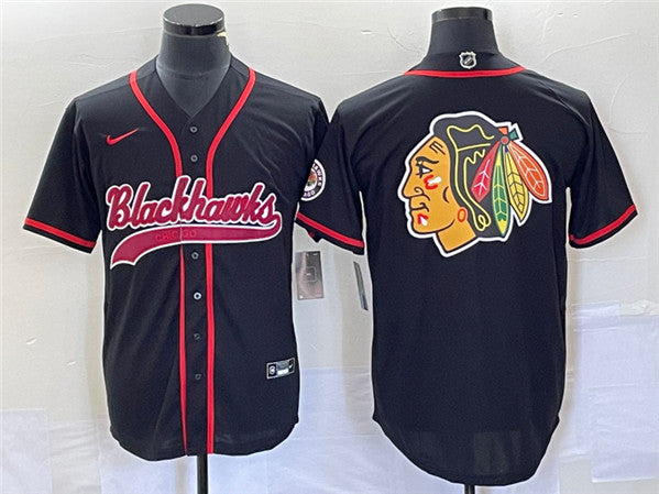 Men's Chicago Blackhawks Black Team Big Logo Cool Base Stitched Baseball Hockey Jersey