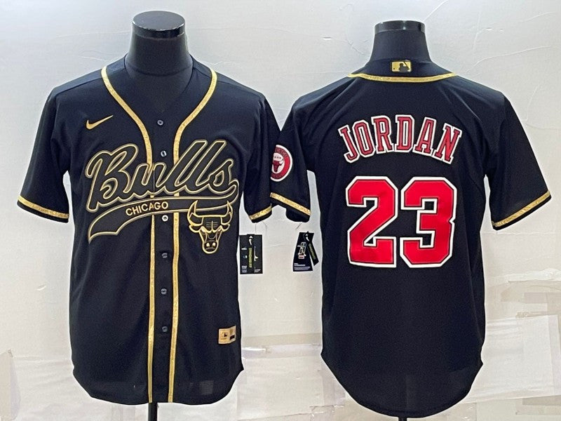 Men's Chicago Bulls #23 Michael Jordan Black Gold With Patch Cool Base Stitched Baseball Basketball Jersey