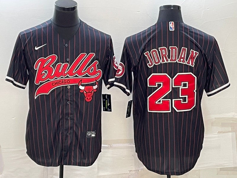 Men's Chicago Bulls #23 Michael Jordan Black With Patch Cool Base Stitched Baseball Basketball Jersey