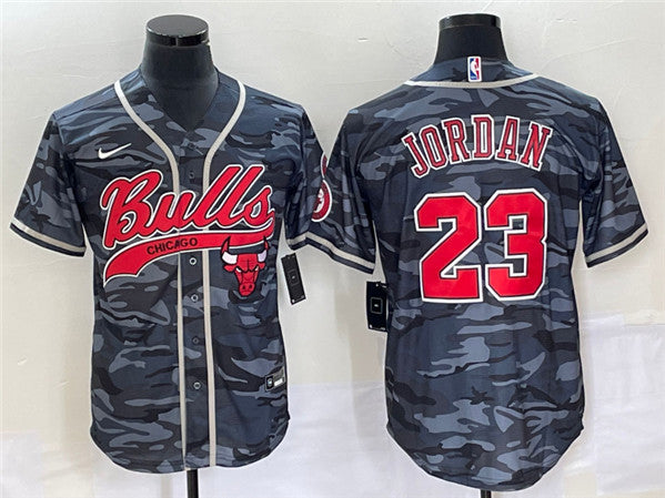 Men's Chicago Bulls #23 Michael Jordan Gray Camo Cool Base Stitched Baseball Basketball Jersey