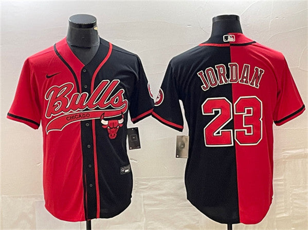 Men's Chicago Bulls #23 Michael Jordan Red/Black Split Cool Base Stitched Baseball Basketball Jersey