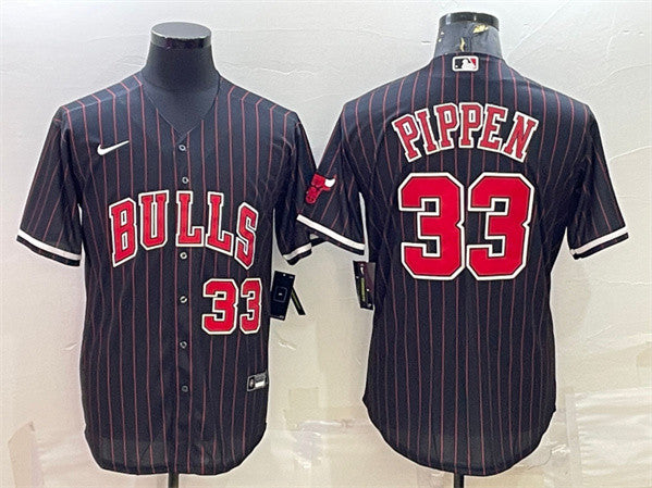 Men's Chicago Bulls #33 Scottie Pippen Black Cool Base Stitched Baseball Basketball Jersey