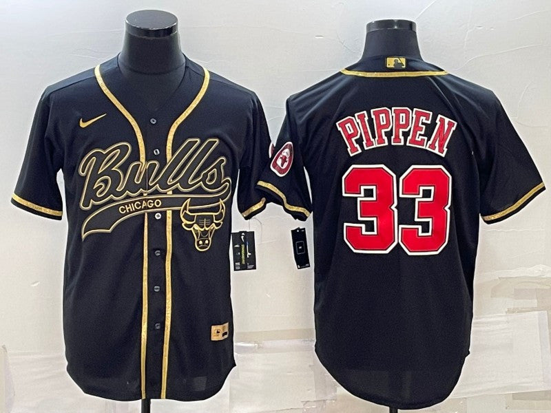 Men's Chicago Bulls #33 Scottie Pippen Black Gold With Patch Cool Base Stitched Baseball Basketball Jersey