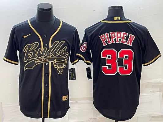 Men's Chicago Bulls #33 Scottie Pippen Black Gold With Patch Cool Base Stitched Baseball Basketball Jersey