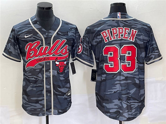 Men's Chicago Bulls #33 Scottie Pippen Gray Camo Cool Base Stitched Baseball Basketball Jersey