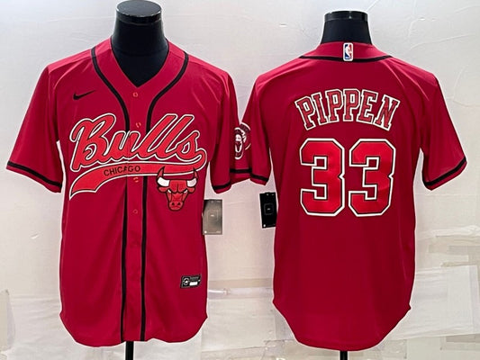 Men's Chicago Bulls #33 Scottie Pippen Red With Patch Cool Base Stitched Baseball Basketball Jersey