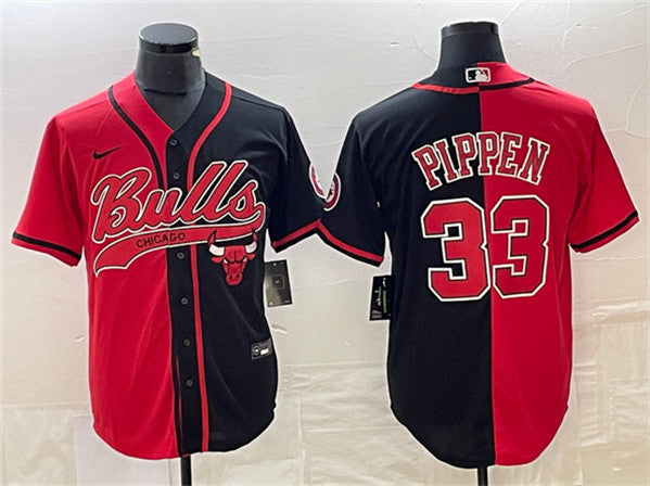 Men's Chicago Bulls #33 Scottie Pippen Red/Black Split Cool Base Stitched Baseball Basketball Jersey