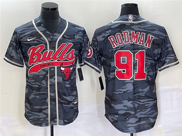 Men's Chicago Bulls #91 Dennis Rodman Gray Camo Cool Base Stitched Baseball Basketball Jersey