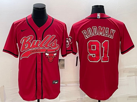 Men's Chicago Bulls #91 Dennis Rodman Red With Patch Cool Base Stitched Baseball Basketball Jersey