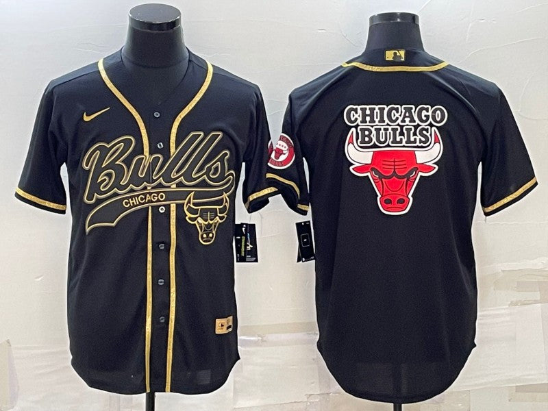 Men's Chicago Bulls Black Gold Team Big Logo Cool Base Stitched Baseball Basketball Jersey