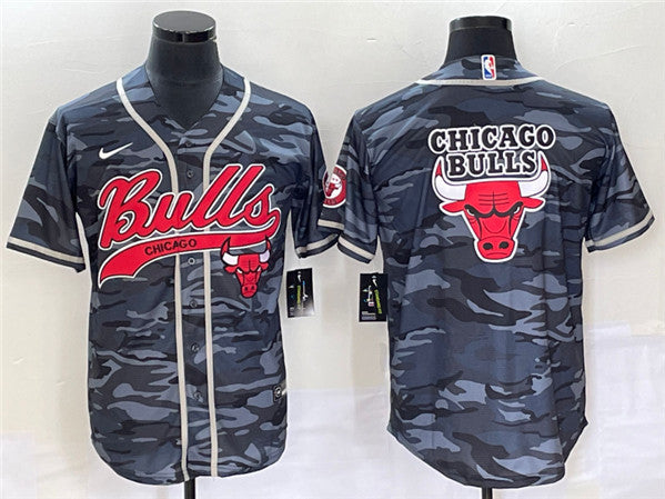 Men's Chicago Bulls Gray Camo Team Big Logo Cool Base Stitched Baseball Basketball Jersey