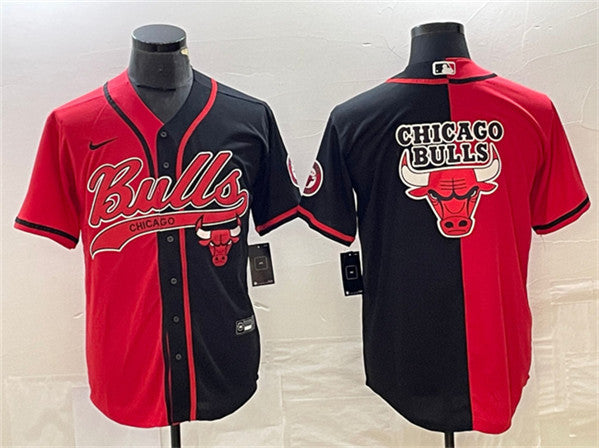 Men's Chicago Bulls Red/Black Split Team Big Logo Cool Base Stitched Baseball Basketball Jersey