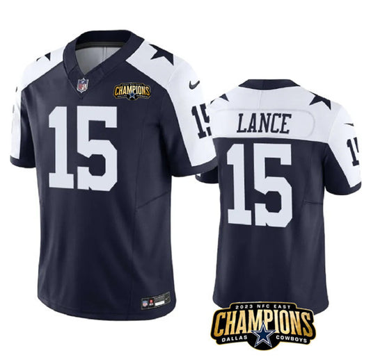 Men's Dallas Cowboys #15 Trey Lance Navy/White 2023 F.U.S.E. NFC East Champions Patch Football Stitched Jersey