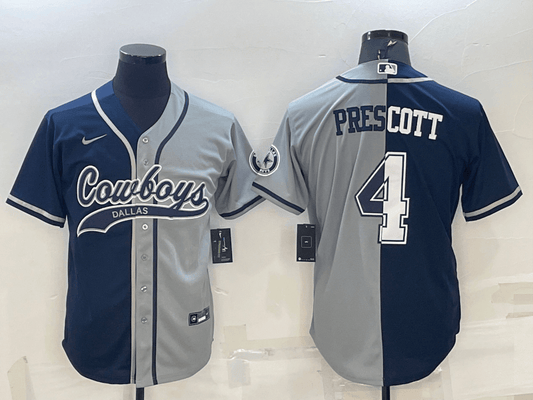 Men's Dallas Cowboys #4 Dak Prescott Navy Blue Grey Two Tone With Patch Cool Base Stitched Baseball Jersey