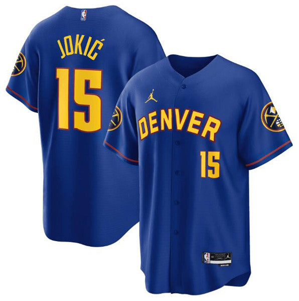 Men's Denver Nuggets #15 Nikola Jokic Blue Stitched Baseball Basketball Jersey