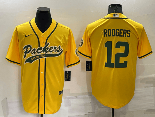 Men's Green Bay Packers #12 Aaron Rodgers Yellow Stitched Cool Base Baseball Jersey