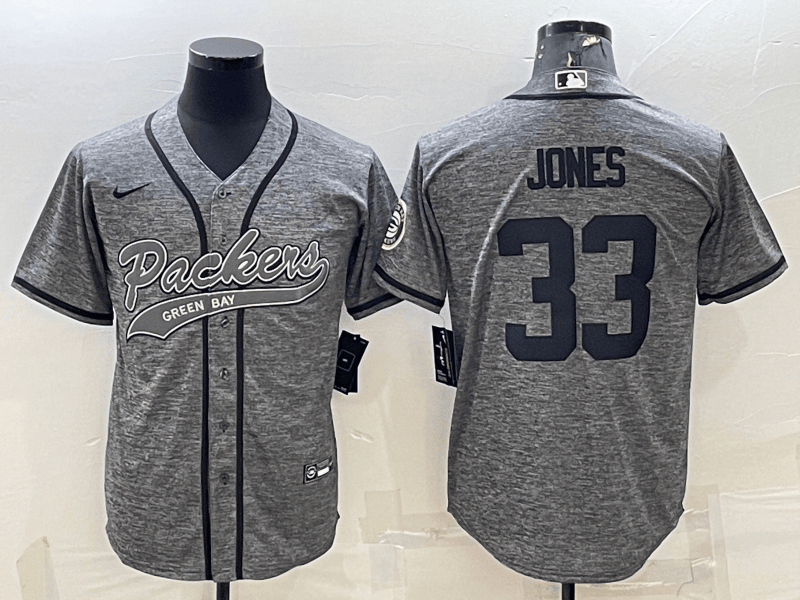 Men's Green Bay Packers #33 Aaron Jones Grey Gridiron With Patch Cool Base Stitched Baseball Jersey