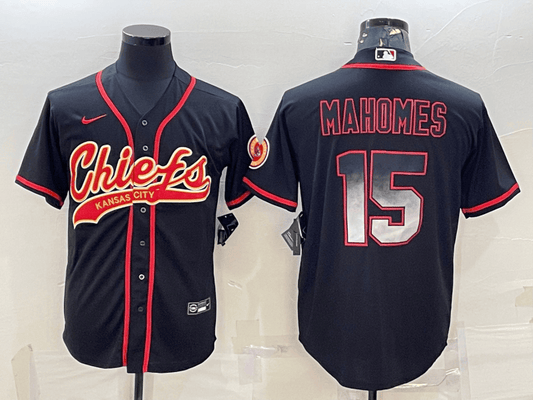 Men's Kansas City Chiefs #15 Patrick Mahomes Black Gold With Patch Cool Base Stitched Baseball Jersey