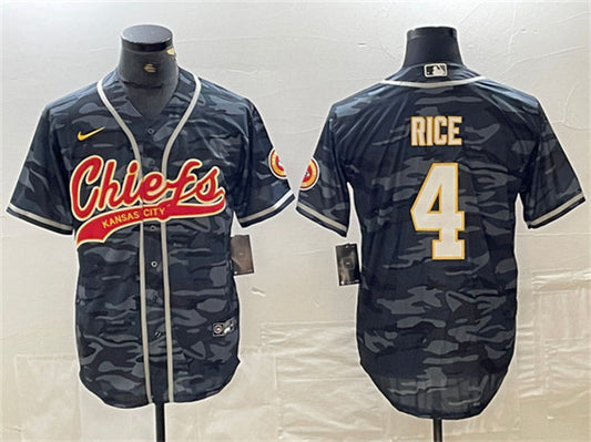 Men's Kansas City Chiefs #4 Rashee Rice Gray Camo Cool Base Stitched Baseball Jersey