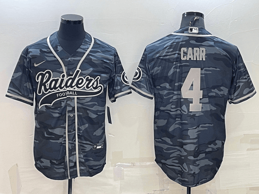 Men's Las Vegas Raiders #4 Derek Carr Grey Camo With Patch Cool Base Stitched Baseball Jersey