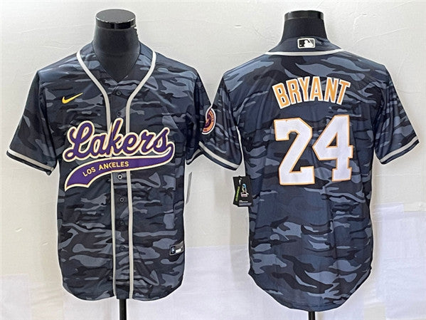 Men's Los Angeles Lakers #24 Kobe Bryant Gray Camo Cool Base With Patch Stitched Baseball Basketball Jersey