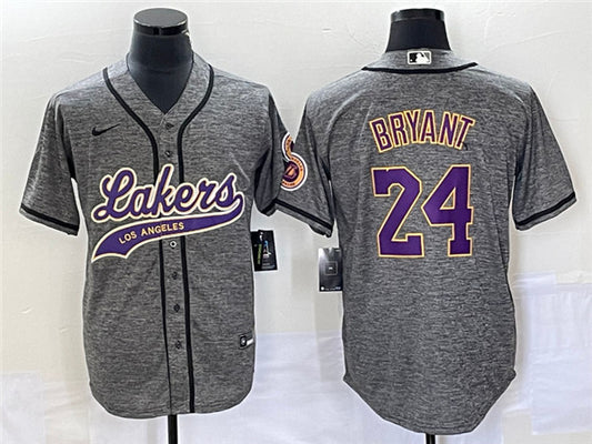 Men's Los Angeles Lakers #24 Kobe Bryant Gray Cool Base With Patch Stitched Baseball Basketball Jersey