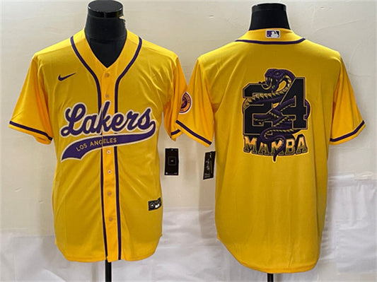 Men's Los Angeles Lakers #24 Mamba Big Logo Gold Cool Base Stitched Baseball Basketball Jersey