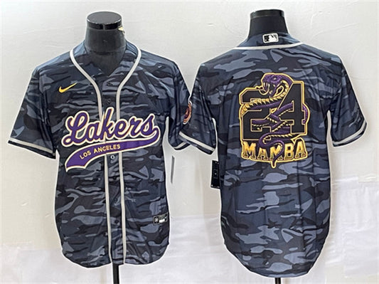 Men's Los Angeles Lakers #24 Mamba Big Logo Gray Camo Cool Base Stitched Baseball Basketball Jersey