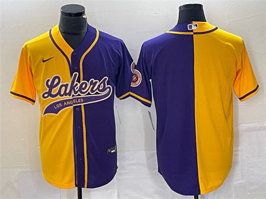 Men's Los Angeles Lakers Blank Gold/Purple Split Cool Base Stitched Baseball Basketball Jersey