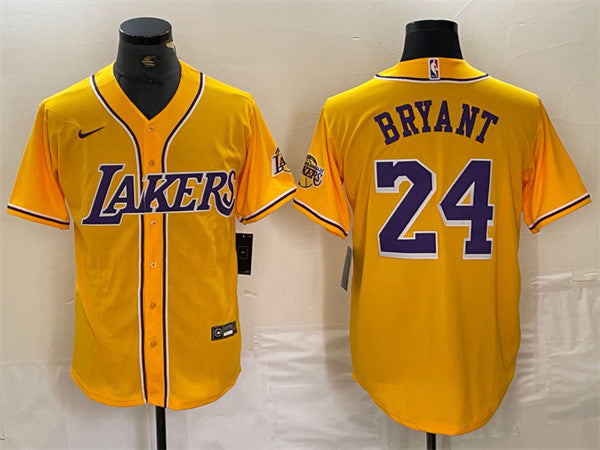 Men's Los Angeles Lakers Front #24 Kobe Bryant Gold Cool Base Stitched Baseball Basketball Jersey