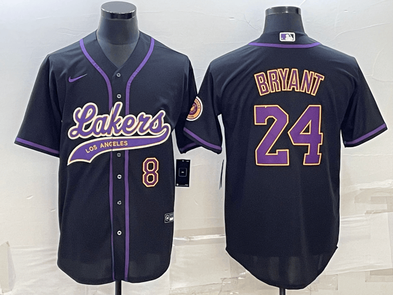 Men's Los Angeles Lakers Front #8 Back #24 Kobe Bryant Black Cool Base Stitched Baseball Basketball Jersey