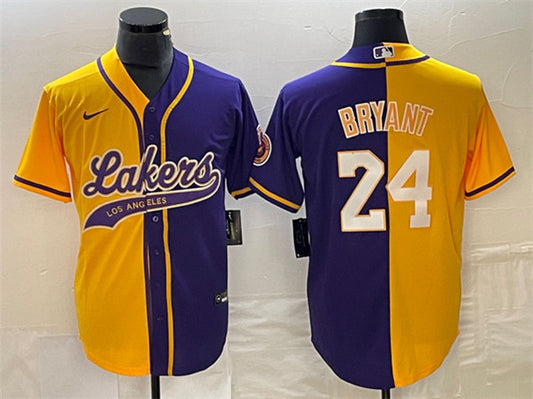 Men's Los Angeles Lakers Front #8 Back #24 Kobe Bryant Gold/Purple Split Cool Base Stitched Baseball Basketball Jersey