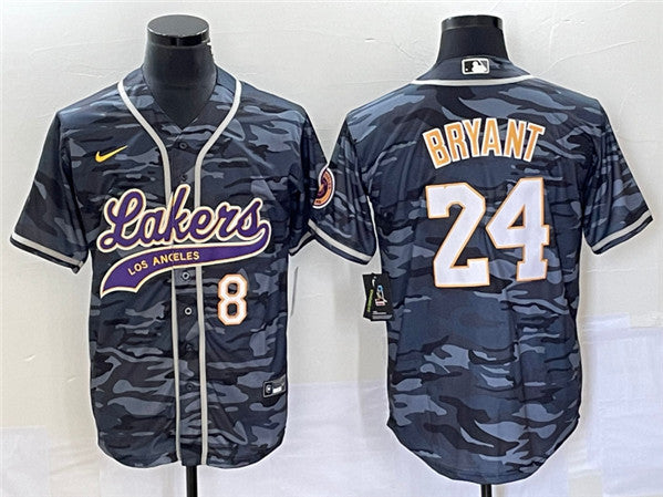 Men's Los Angeles Lakers Front #8 Back #24 Kobe Bryant Gray Camo Cool Base With Patch Stitched Baseball Basketball Jersey