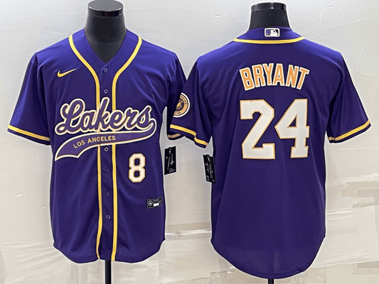 Men's Los Angeles Lakers Front #8 Back #24 Kobe Bryant Purple Cool Base Stitched Baseball Basketball Jersey