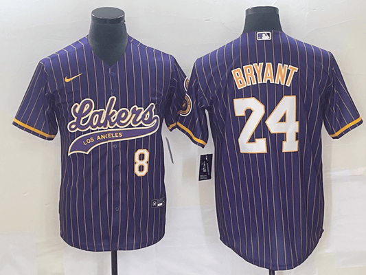 Men's Los Angeles Lakers Front #8 Back #24 Kobe Bryant Purple Cool Base With Patch Stitched Baseball Basketball Jersey