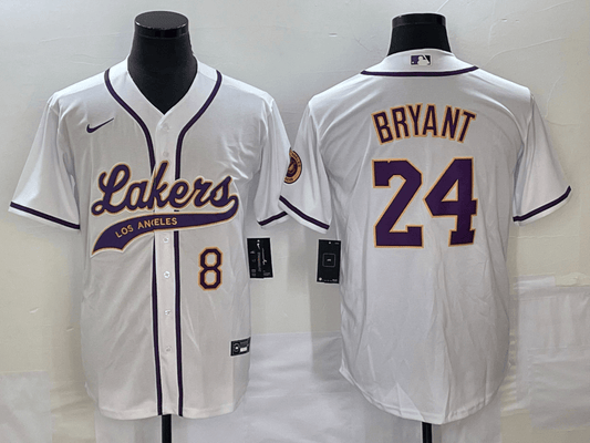 Men's Los Angeles Lakers Front #8 Back #24 Kobe Bryant White Cool Base Stitched Baseball Basketball Jersey