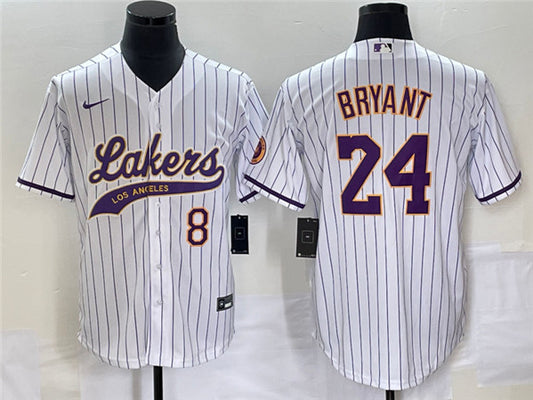 Men's Los Angeles Lakers Front #8 Back #24 Kobe Bryant White Cool Base With Patch Stitched Baseball Basketball Jersey