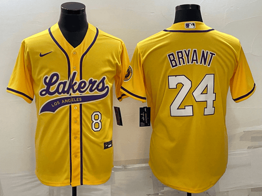 Men's Los Angeles Lakers Front #8 Back #24 Kobe Bryant Yellow Cool Base Stitched Baseball Basketball Jersey