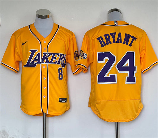 Men's Los Angeles Lakers Front #8 Back #24 Kobe Bryant Yellow Stitched Baseball Basketball Jersey