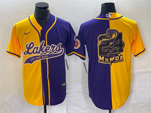 Men's Los Angeles Lakers Gold/Purple Split #24 Mamba Big Logo Cool Base Stitched Baseball Basketball Jersey