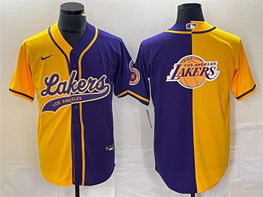 Men's Los Angeles Lakers Gold/Purple Split Team Big Logo Cool Base Stitched Baseball Basketball Jersey