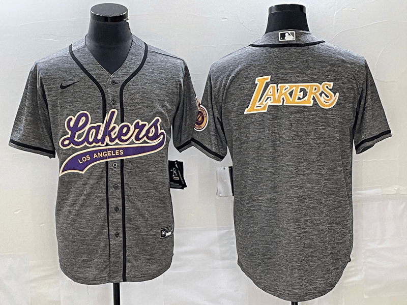 Men's Los Angeles Lakers Gray Team Big Logo Cool Base With Patch Stitched Baseball Basketball Jersey