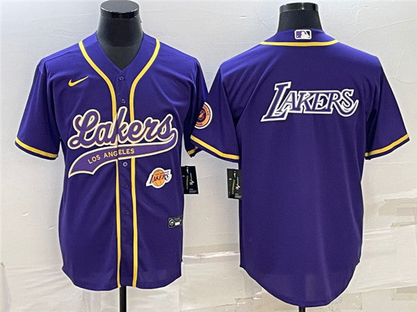 Men's Los Angeles Lakers Purple Big Logo With Patch Cool Base Stitched Baseball Basketball Jersey