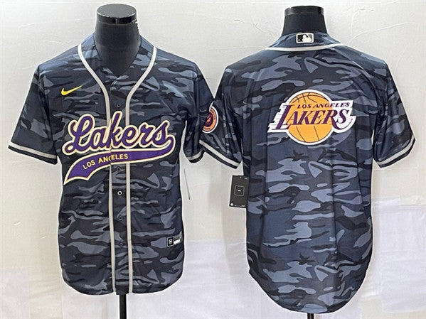 Men's Los Angeles Lakers Team Big Logo Grey Cool Base With Patch Stitched Baseball Basketball Jersey