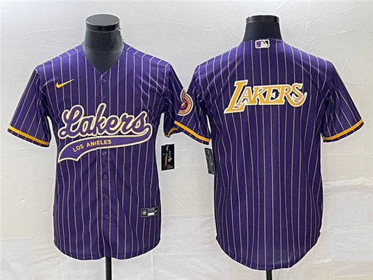 Men's Los Angeles Lakers Team Big Logo Purple Cool Base With Patch Stitched Baseball Basketball Jersey