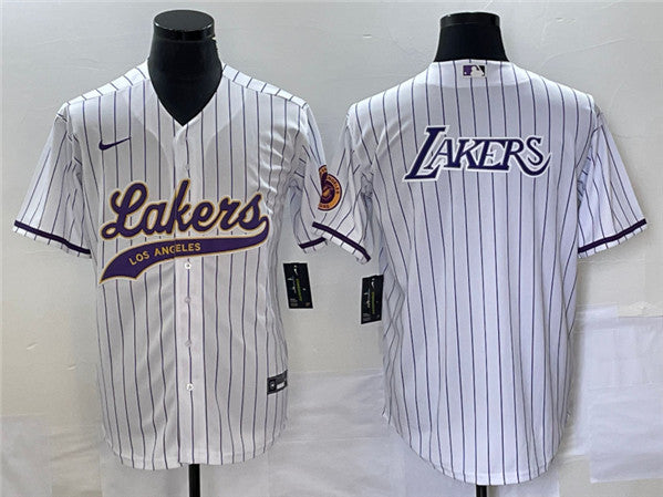 Men's Los Angeles Lakers White Team Big Logo Cool Base With Patch Stitched Baseball Basketball Jersey