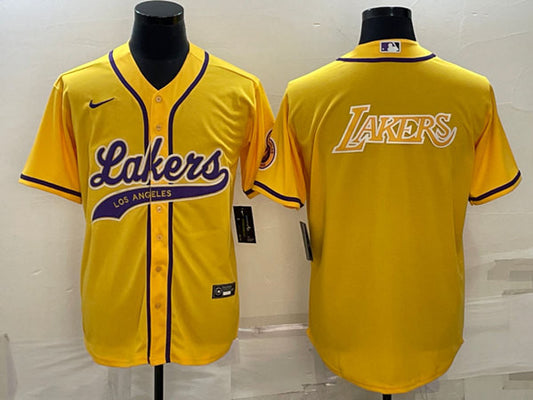 Men's Los Angeles Lakers Yellow Big Logo Cool Base Stitched Baseball Basketball Jersey