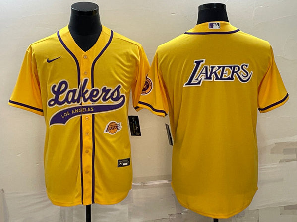 Men's Los Angeles Lakers Yellow Big Logo With Patch Cool Base Stitched Baseball Basketball Jersey