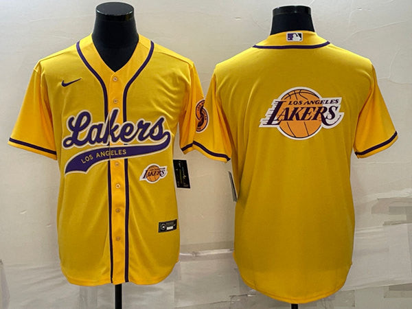 Men's Los Angeles Lakers Yellow Team Big Logo With Patch Cool Base Stitched Baseball Basketball Jersey